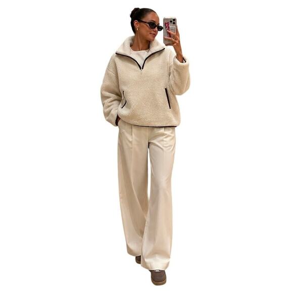 H&M Sweaters - H&M Divided Teddy Fleece Pullover Medium Ivory Sherpa 1/4 Zip Cozy Jacket